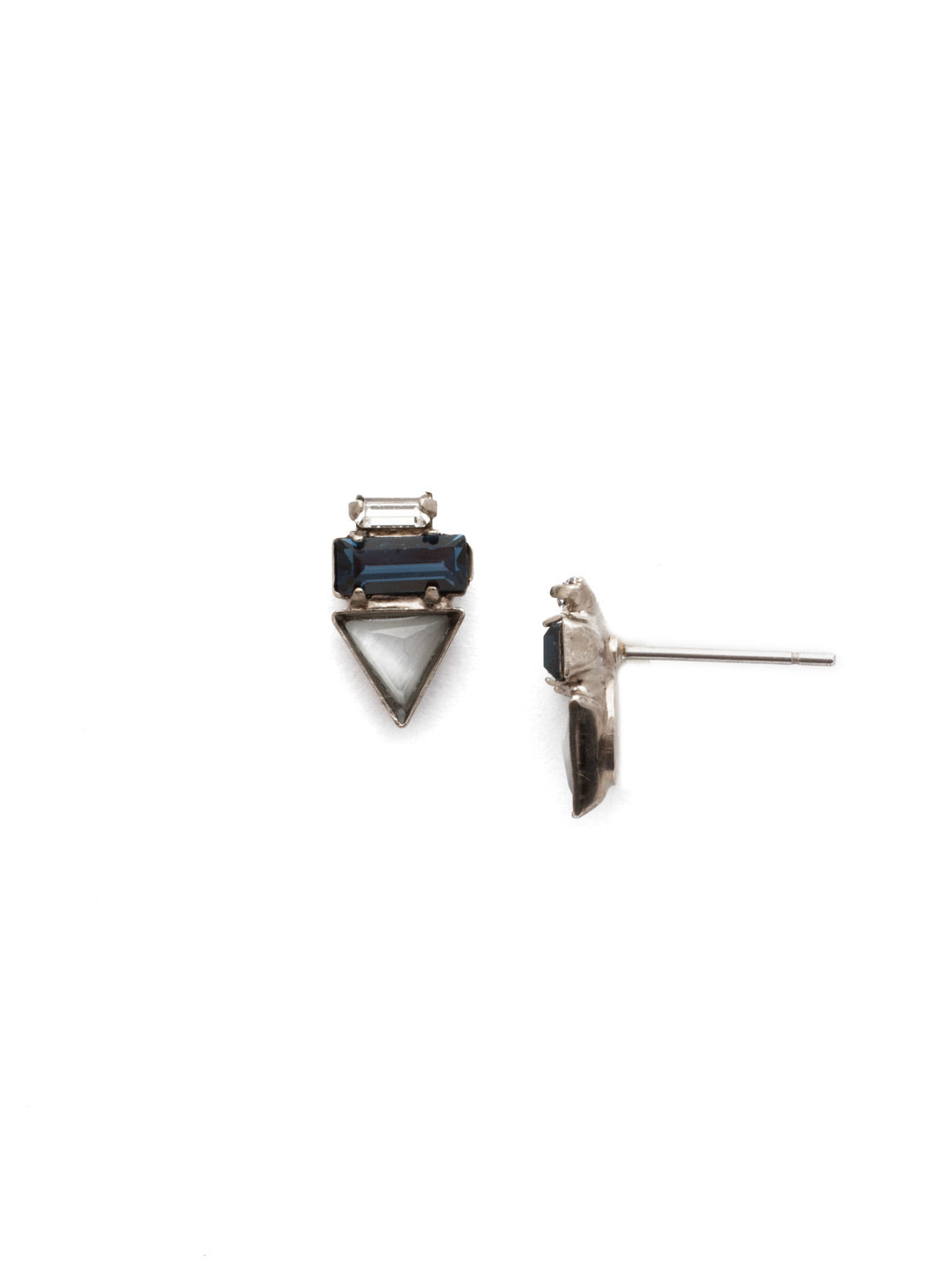 Triple Stack Stud Earrings - EDN104ASGBL - <p>A triangular crystal rests below two baguettes in this style that gets right to the point. From Sorrelli's Glory Blue collection in our Antique Silver-tone finish.</p>