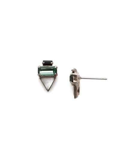 Triple Stack Stud Earrings - EDN104ASGDG - A triangular crystal rests below two baguettes in this style that gets right to the point. From Sorrelli's Game Day Green collection in our Antique Silver-tone finish.