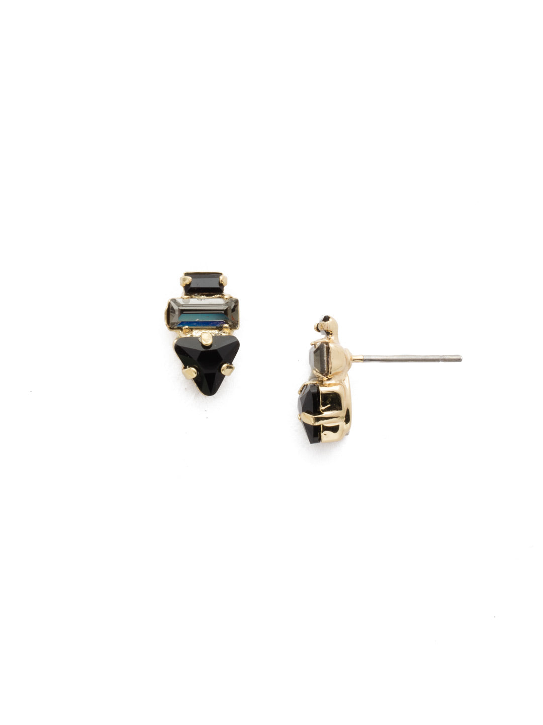 Triple Stack Stud Earrings - EDN104BGJET - <p>A triangular crystal rests below two baguettes in this style that gets right to the point. From Sorrelli's Jet collection in our Bright Gold-tone finish.</p>