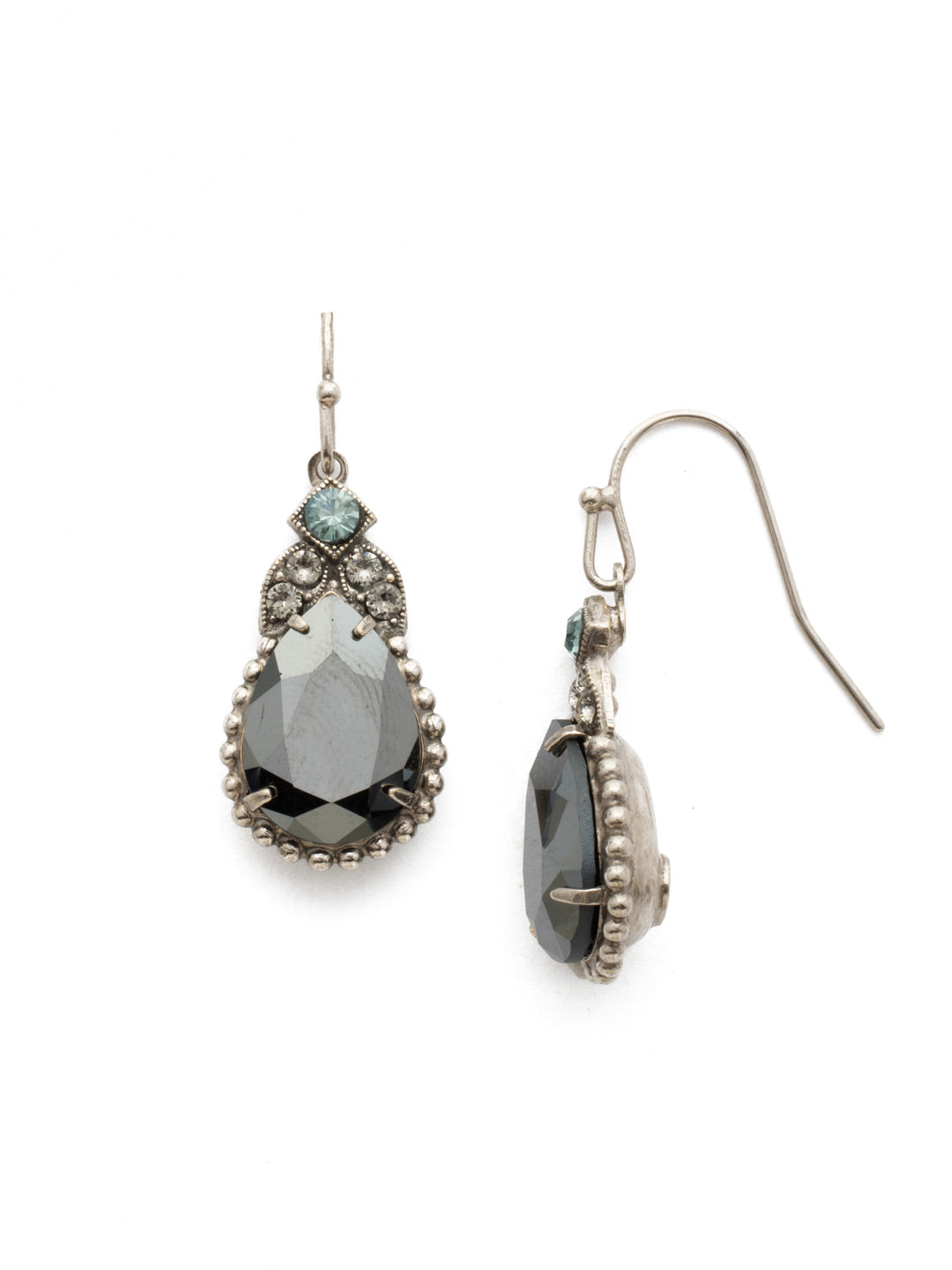 Decorative Deco Dangle Earrings - EDP22ASBON - A embellished pear cut crystal sits beneath a deco-inspired design for a dazzling look that works for any occasion. From Sorrelli's Black Onyx collection in our Antique Silver-tone finish.
