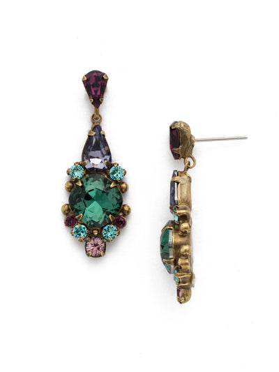 Alyssum Dangle Earrings - EDQ2AGJT - <p>Designed with detail, a cushion cut crystal is surrounded by small rounds and metal findings. Two teardrop crystals complete this beautiful ear chandelier. From Sorrelli's Jewel Tone collection in our Antique Gold-tone finish.</p>