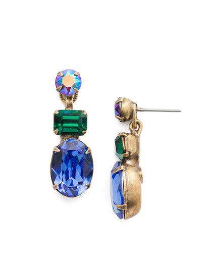 Forget-Me-Not Dangle Earring - EDQ6AGGOT - A central oval stone is highlighted by emerald and round cut crystals in this classic design. From Sorrelli's Game of Jewel Tones collection in our Antique Gold-tone finish.