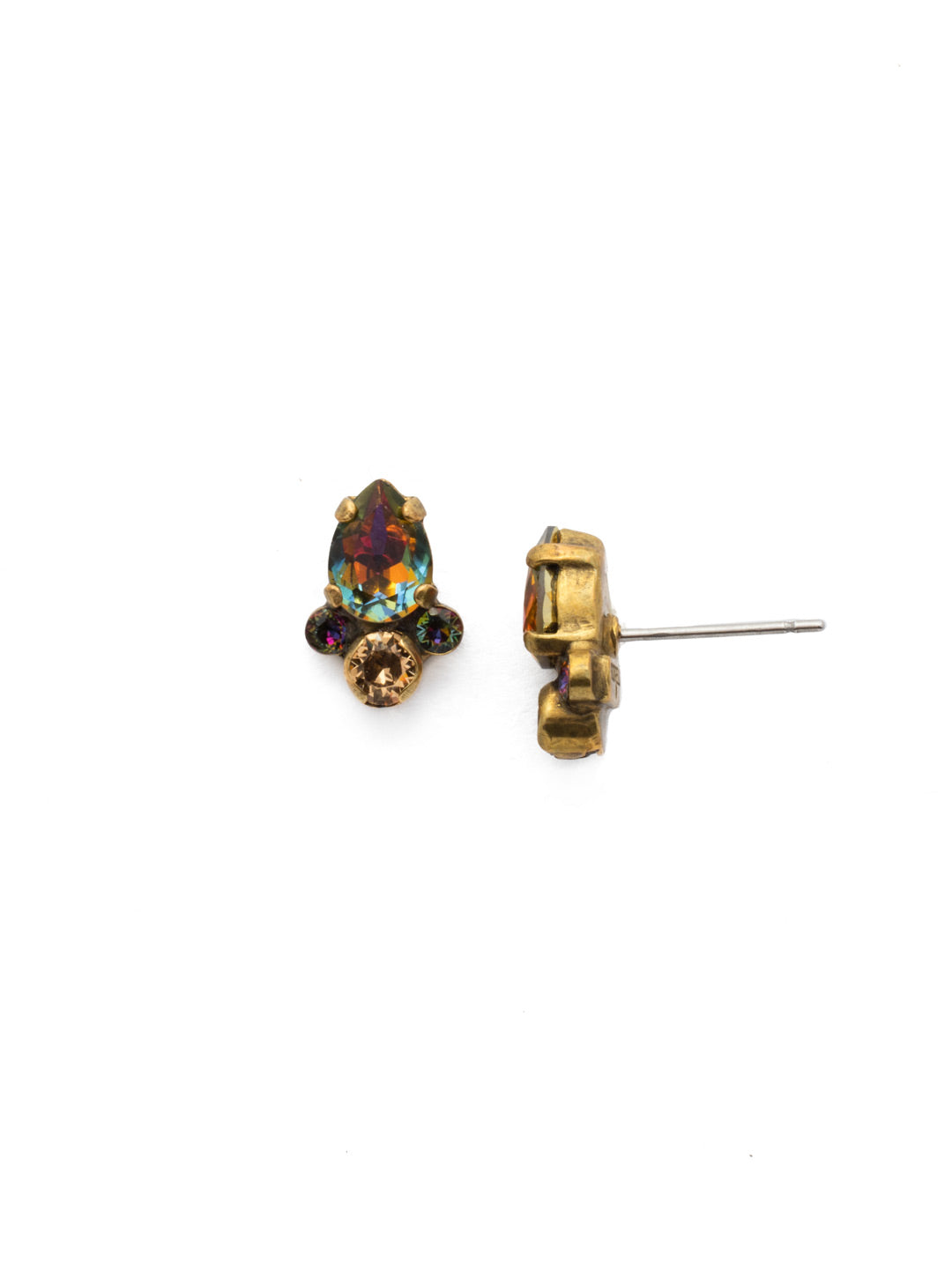 Arum Stud Earrings - EDS22AGVO - A central pear-shaped crystal is accented by three petite rounds in this subtle stud earring. From Sorrelli's Volcano collection in our Antique Gold-tone finish.