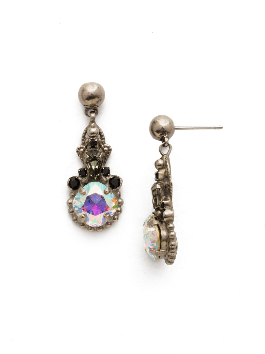 Elowen Earring - EDS3ASBLT - A petite drop with a central round cut crystal highlighted by an inverted pear and round cut stones. Delicate metal details give this earring its finishing touches. From Sorrelli's Black Tie collection in our Antique Silver-tone finish.
