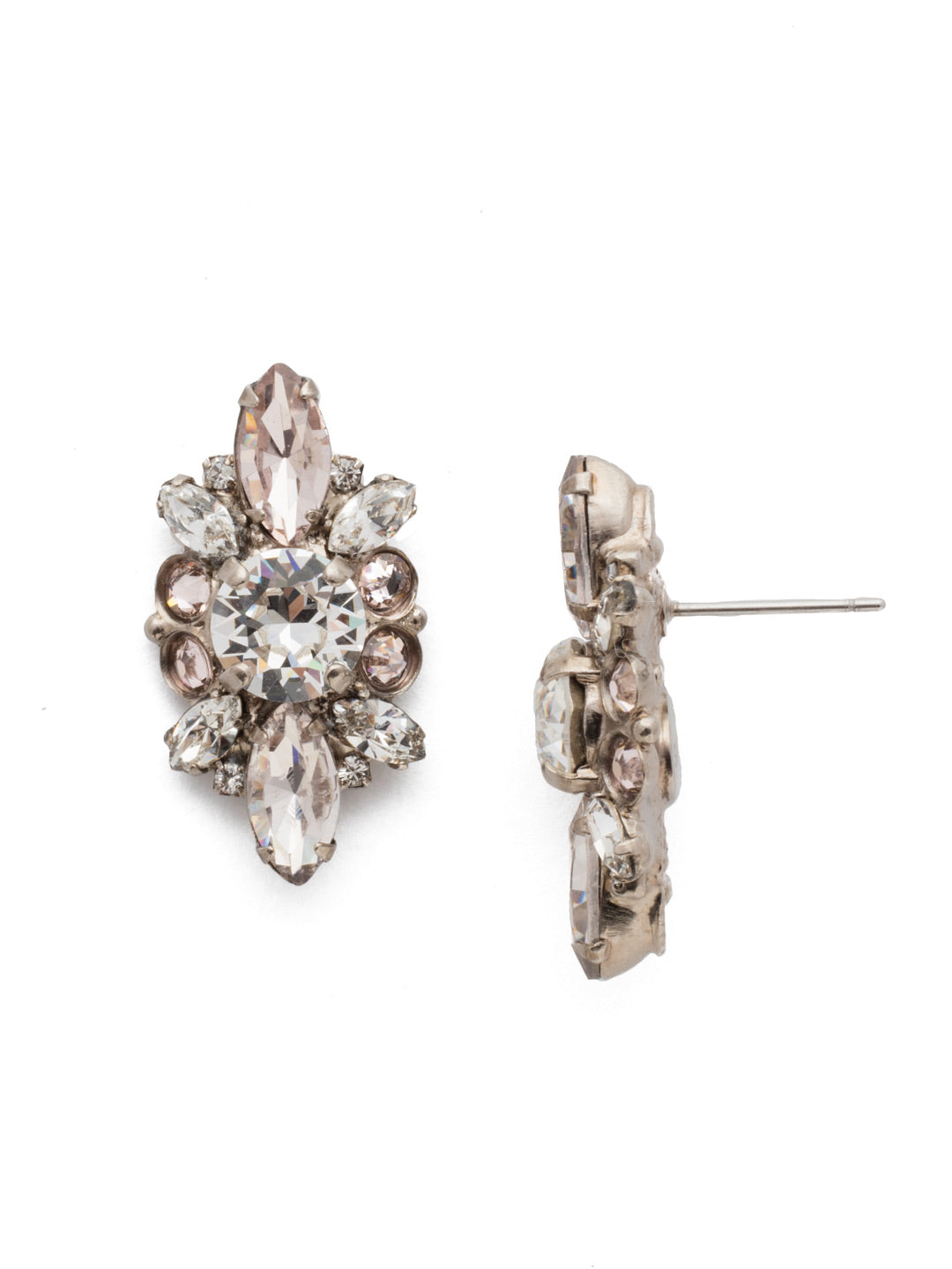 Aubretia Earring - EDT3ASPLS - <p>A statement stud with a symmetrical pattern of navette and round cut crystals radiating from a central, round stone. From Sorrelli's Soft Petal collection in our Antique Silver-tone finish.</p>