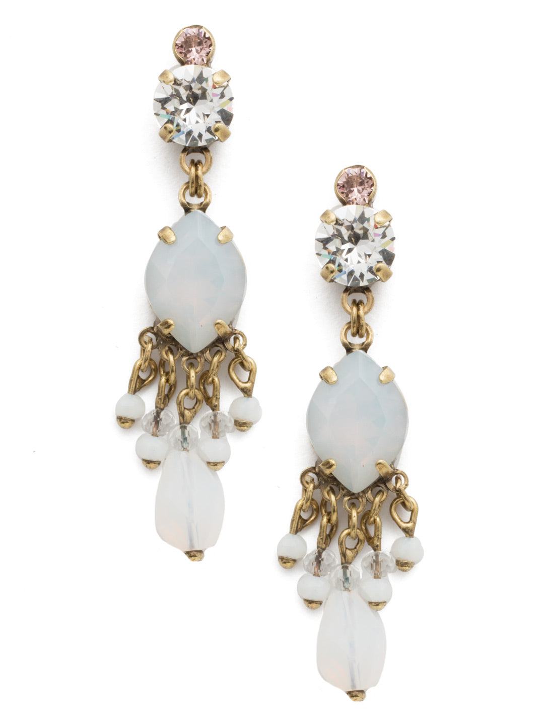 Helenium Dangle Earrings - EDU11AGWMA - <p>A cascading chandelier flowing with navette and round crystals. From Sorrelli's White Magnolia collection in our Antique Gold-tone finish.</p>