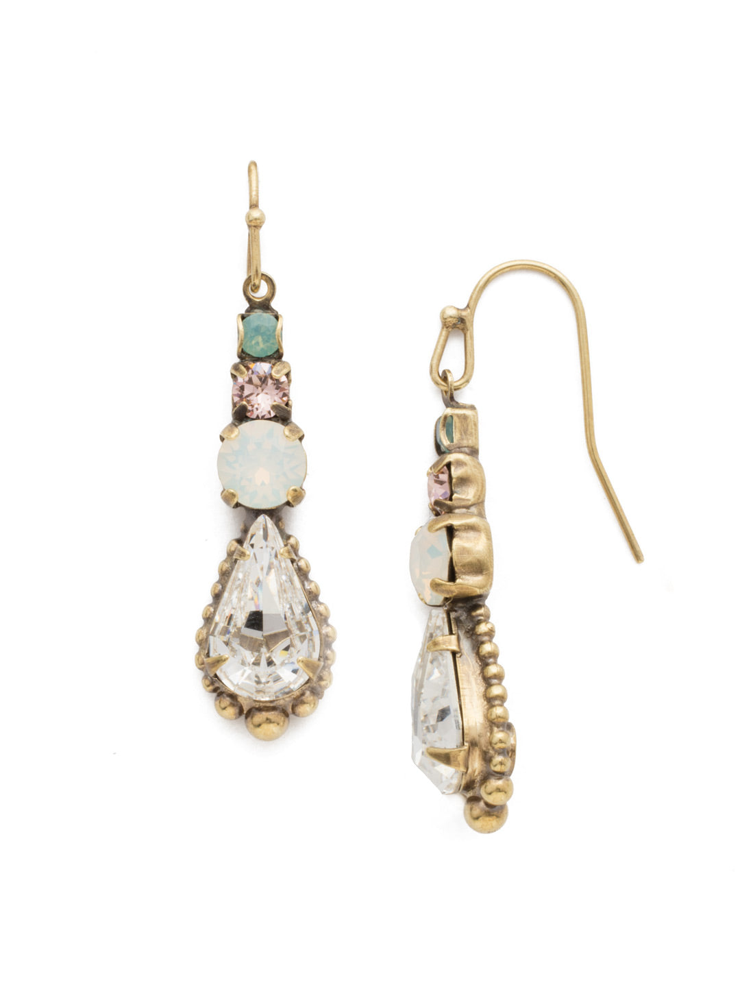 Lotus Earrings - EDU13AGWMA - <p>Various sizes of round crystals dangling to a pear crystal secured by a hook post. From Sorrelli's White Magnolia collection in our Antique Gold-tone finish.</p>