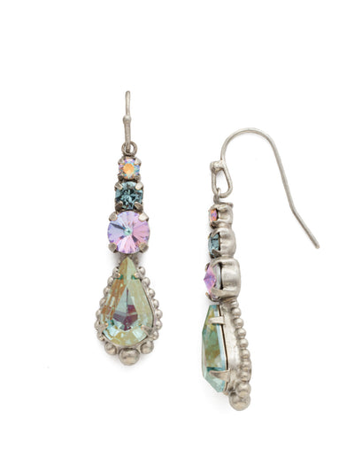 Lotus Earrings - EDU13ASLPA - Various sizes of round crystals dangling to a pear crystal secured by a hook post.