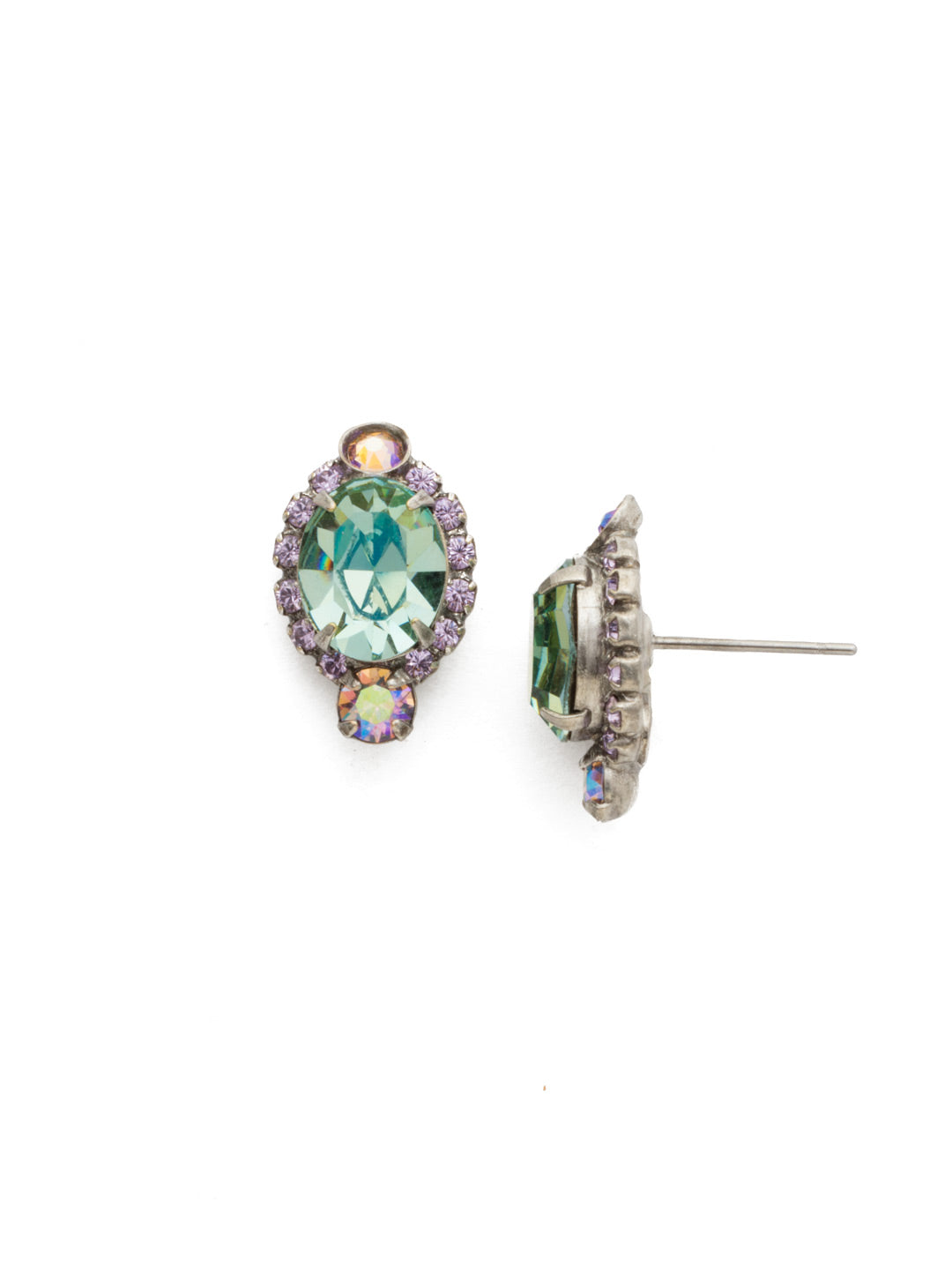 Adenium Stud Earrings - EDU16ASLPA - This style contains an oval crystal surrounded by round crystals with two irregular crystals on either end to create symmetry and a stud post. From Sorrelli's Lilac Pastel collection in our Antique Silver-tone finish.
