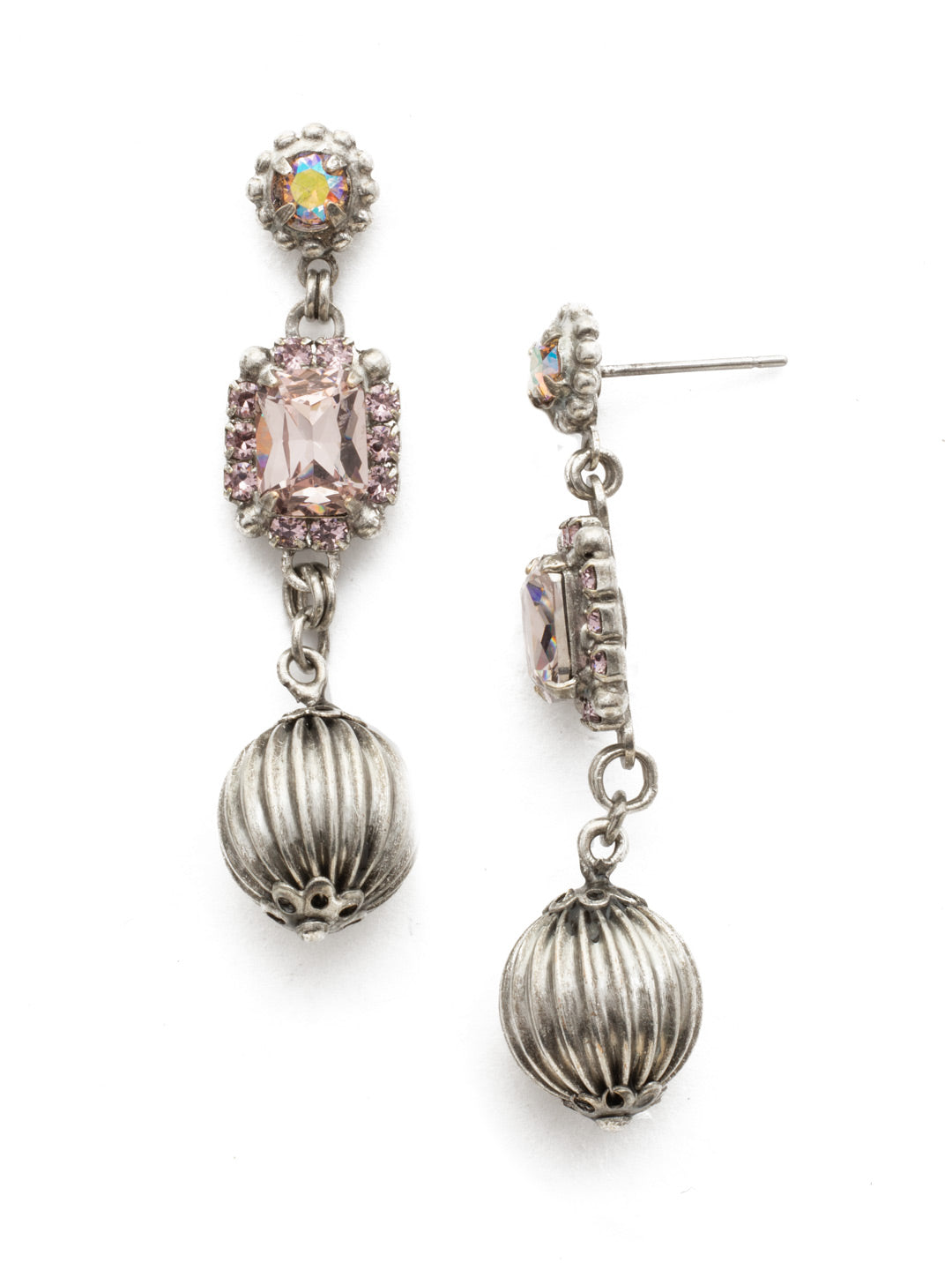 Thistle Earrings - EDU36ASLPA - Three tier earrings with a round crystal in the top tier, a second tier of a cushion crystal surrounded by round crystals, and a hanging metal sphere with a stud post