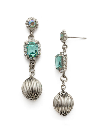 Thistle Earrings - EDU36ASSMN - <p>Three tier earrings with a round crystal in the top tier, a second tier of a cushion crystal surrounded by round crystals, and a hanging metal sphere with a stud post From Sorrelli's Sweet Mint collection in our Antique Silver-tone finish.</p>