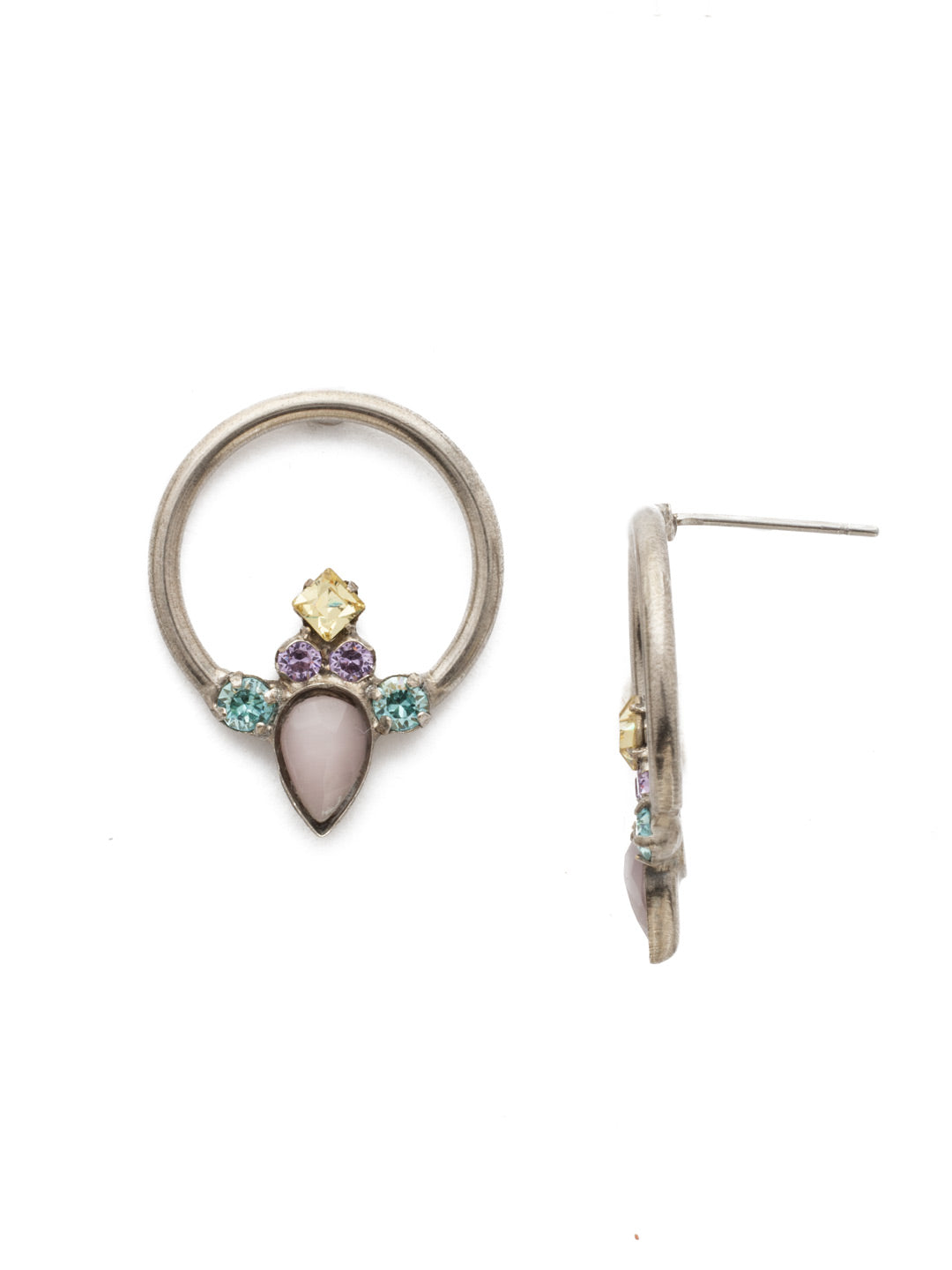 EDU43 Post Earrings - EDU43ASLPA - <p>Features an assortment of symmetrical square and round crystals surrounding a pear crystal and completed with a metal loop. From Sorrelli's Lilac Pastel collection in our Antique Silver-tone finish.</p>