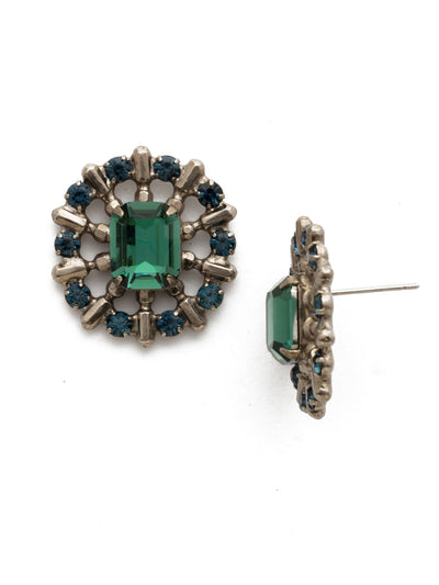 Abelia Earring - EDW60ASBSD - A square octagon stone is at the heart of this fun post earring! Metal spokes lead to an outer circle encrusted with small round crystals.
