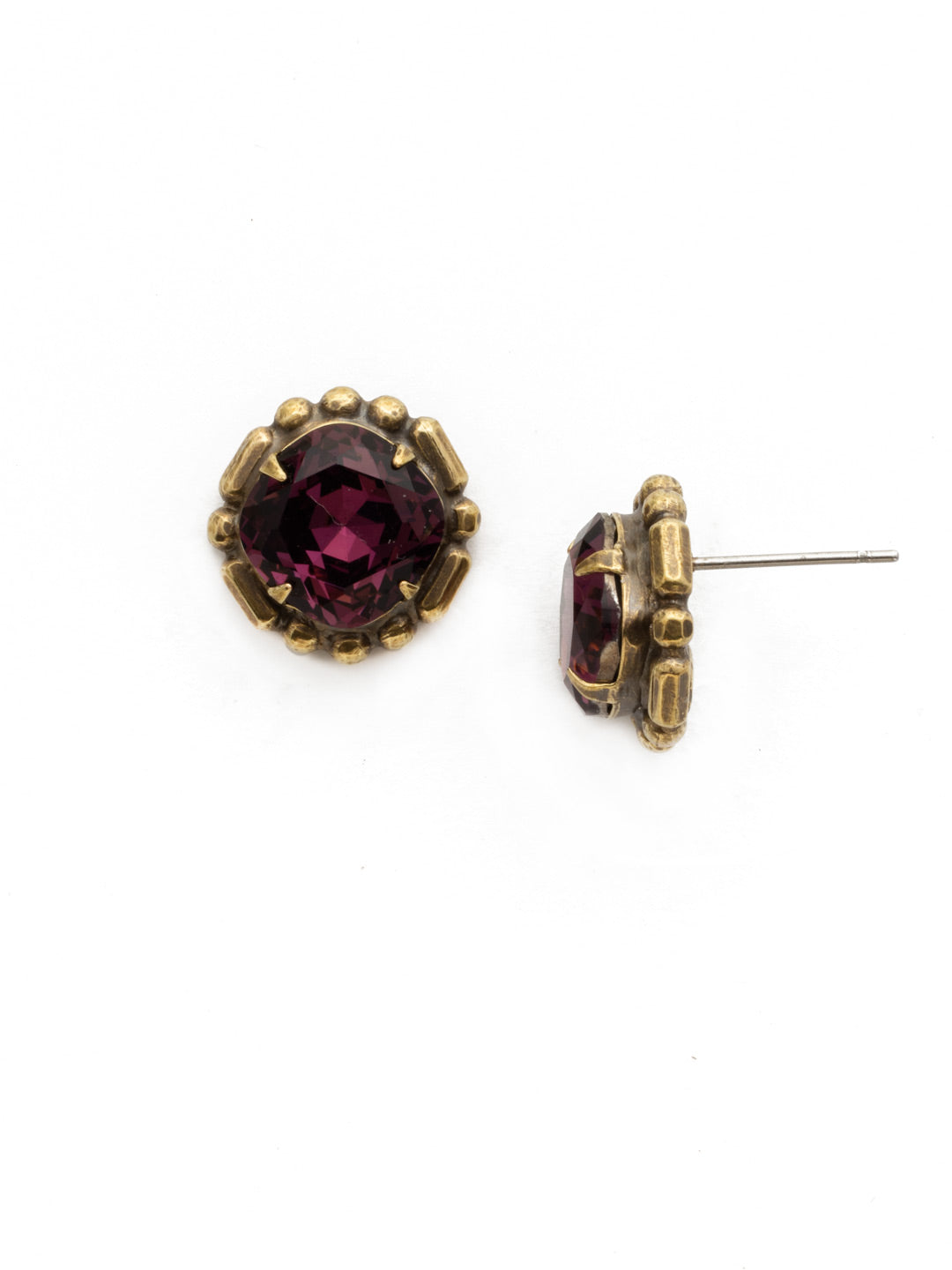 Erica Stud Earrings - EDW62AGROP - This simple stud adds just he right amount of sparkle to your ears! A mid-sized cushion cut stone is surrounded by metal detailing. From Sorrelli's Royal Plum collection in our Antique Gold-tone finish.