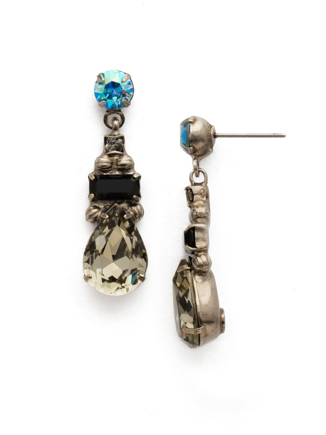 Geum Dangle Earrings - EDX11ASBLT - <p>A medium sized round crystal, a small round crystal, a baguette stone, and a large teardrop crystal comprise this dangling beauty. From Sorrelli's Black Tie collection in our Antique Silver-tone finish.</p>