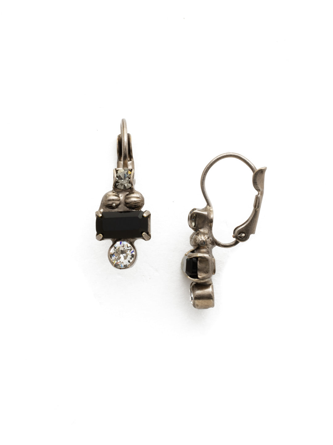 Mazus Dangle Earrings - EDX12ASBLT - A detailed earring with a side-set baguette and two petite round crystals. From Sorrelli's Black Tie collection in our Antique Silver-tone finish.