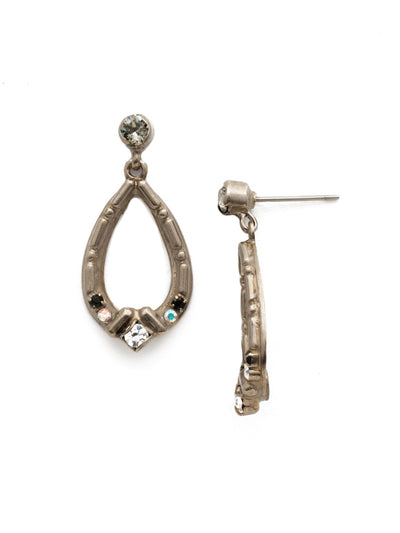 Ficus Earring - EDX23ASBLT - A teardrop shaped drop with small round stones at the top and bottom, each laid in an intricatly designed metal finsh. From Sorrelli's Black Tie collection in our Antique Silver-tone finish.
