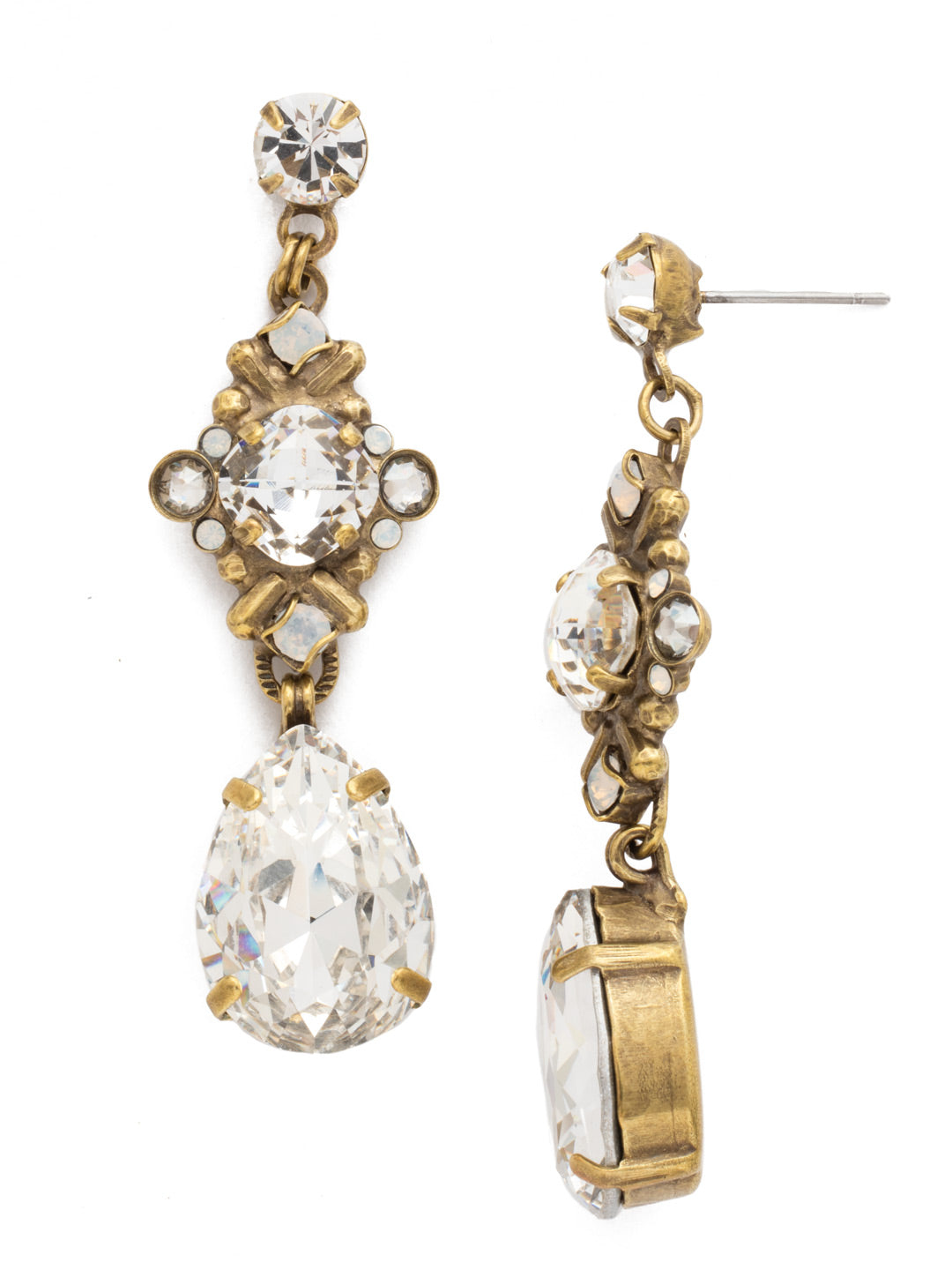 Acca Dangle Earrings - EDX26AGCLA - A three-layer dangling earring with a stud post, a pear shaped gem at the end, and an intricate design in the middle with a cushion cut antique stone in a crystal encrusted X design!