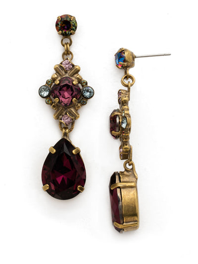 Acca Dangle Earrings - EDX26AGROP - A three-layer dangling earring with a stud post, a pear shaped gem at the end, and an intricate design in the middle with a cushion cut antique stone in a crystal encrusted X design!