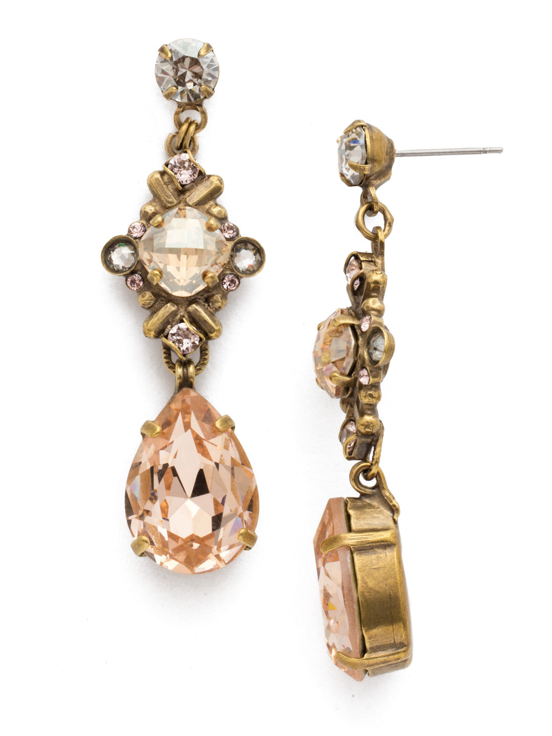 Acca Dangle Earrings - EDX26AGSRO - A three-layer dangling earring with a stud post, a pear shaped gem at the end, and an intricate design in the middle with a cushion cut antique stone in a crystal encrusted X design!