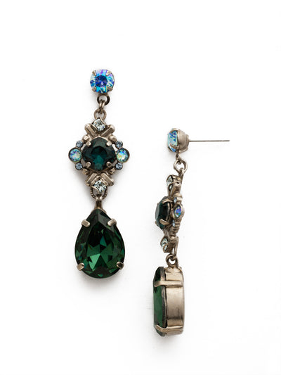 Acca Dangle Earrings - EDX26ASBSD - A three-layer dangling earring with a stud post, a pear shaped gem at the end, and an intricate design in the middle with a cushion cut antique stone in a crystal encrusted X design! From Sorrelli's Blue Suede collection in our Antique Silver-tone finish.