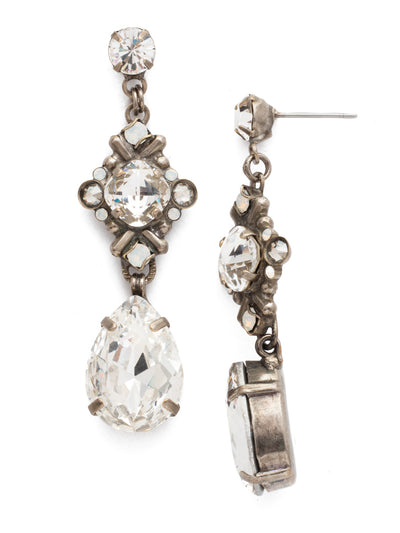 Acca Dangle Earrings - EDX26ASCLA - A three-layer dangling earring with a stud post, a pear shaped gem at the end, and an intricate design in the middle with a cushion cut antique stone in a crystal encrusted X design! From Sorrelli's Crystal Lace collection in our Antique Silver-tone finish.