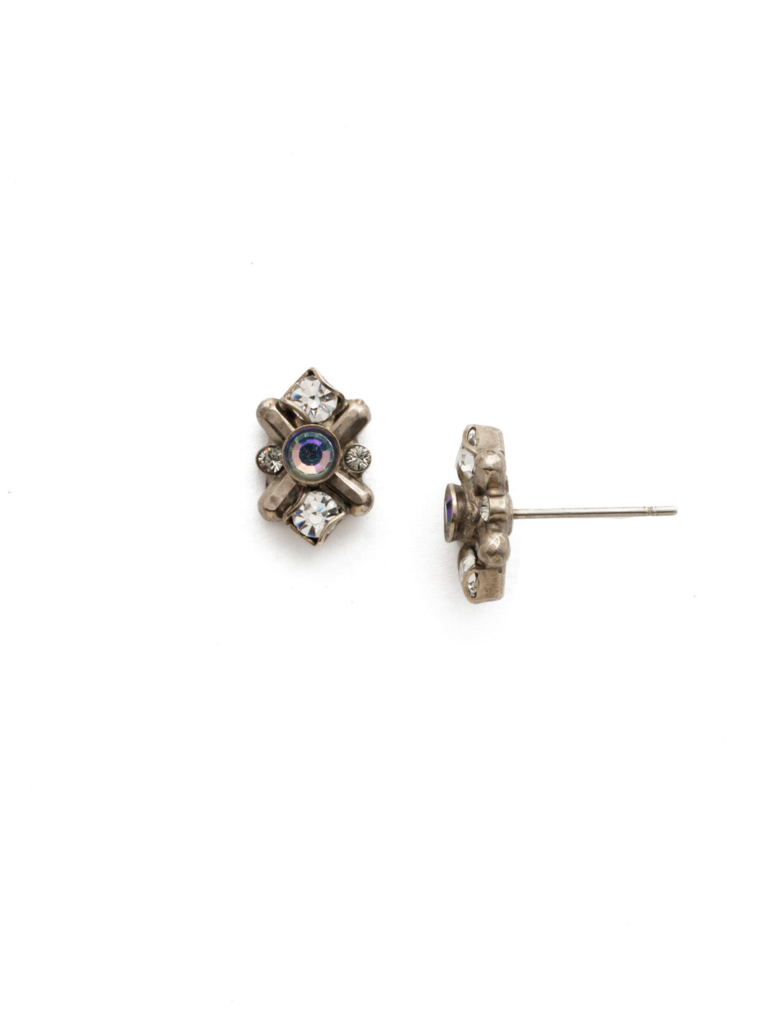 Aralia Stud Earrings - EDX3ASBLT - A small round crystal lays at the center of a metal X formation with delicate gems placed all around. From Sorrelli's Black Tie collection in our Antique Silver-tone finish.