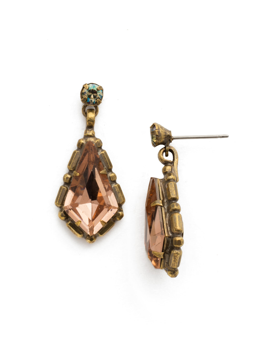 Hawthorn Dangle Earrings - EDX6AGSTN - A large diamond shaped stone in a detailed metal setting hangs from a rhinestone adorned post on this everyday stunner. From Sorrelli's Sandstone collection in our Antique Gold-tone finish.