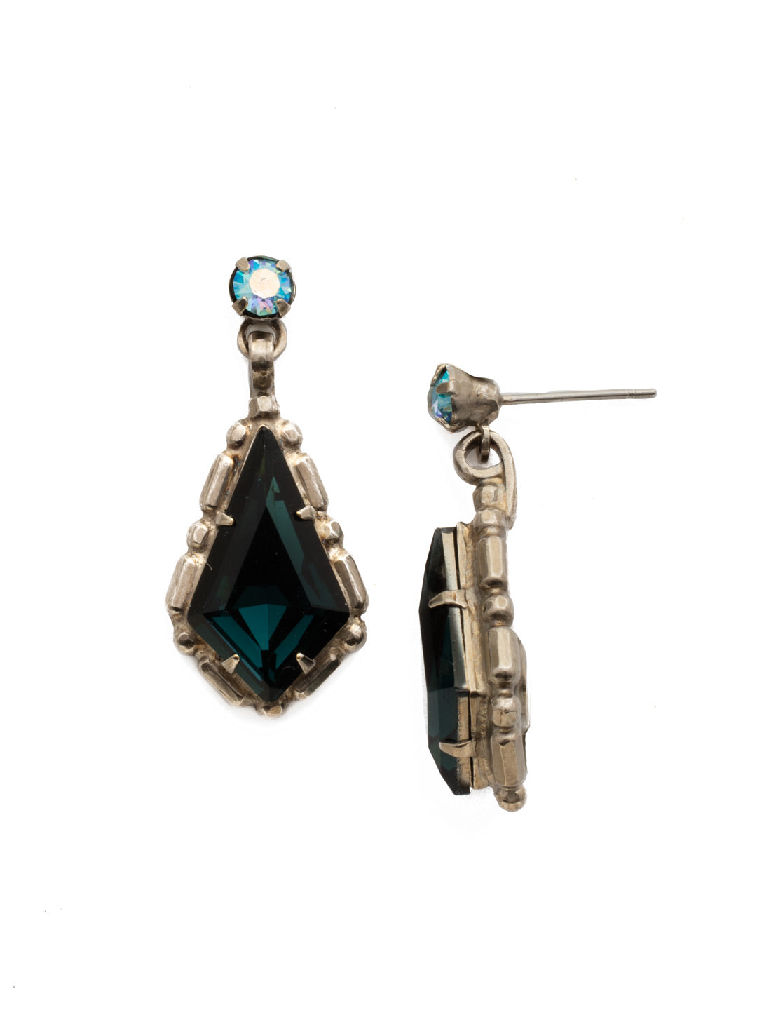Hawthorn Dangle Earrings - EDX6ASBSD - <p>A large diamond shaped stone in a detailed metal setting hangs from a rhinestone adorned post on this everyday stunner. From Sorrelli's Blue Suede collection in our Antique Silver-tone finish.</p>