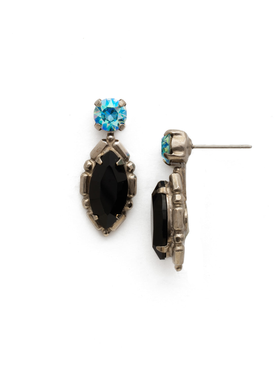 Cardoon Dangle Earrings - EDX7ASBLT - <p>A navette stone in a detailed setting hangs from a round crystal to create this beautiful dangle earring. From Sorrelli's Black Tie collection in our Antique Silver-tone finish.</p>