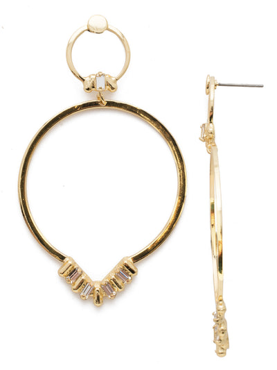 Amara Statement Earring - EEB24BGCRY - A large hoop dangles from a smaller post hoop, each adorned with delicate metalwork and sparkling baguette crystals. A fresh and fabulous shape for a statement earring. From Sorrelli's Crystal collection in our Bright Gold-tone finish.