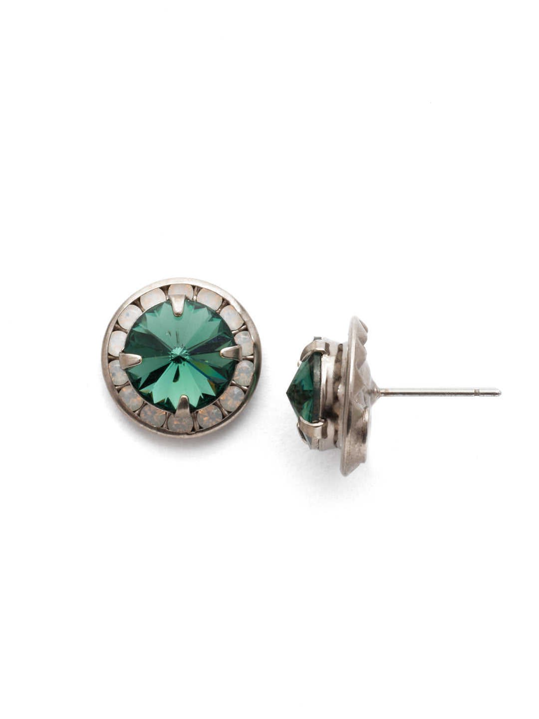 Dua Stud Earring - EEB33ASGDG - The Dua is a glamorous take on a simple stud. A sparkling round crystal, bordered by smaller crystals, will take your look from day to night effortlessly. From Sorrelli's Game Day Green collection in our Antique Silver-tone finish.