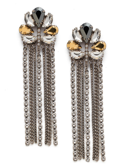 Cassandra Statement Earring - EEB41ASHMT - The Cassandra Statement Earring features cascading drops of rhinestone and metal chains that fall effortlessly from a fan design of perfectly fit crystal shapes. These sparkling shoulder dusters will turn heads every time you wear them.