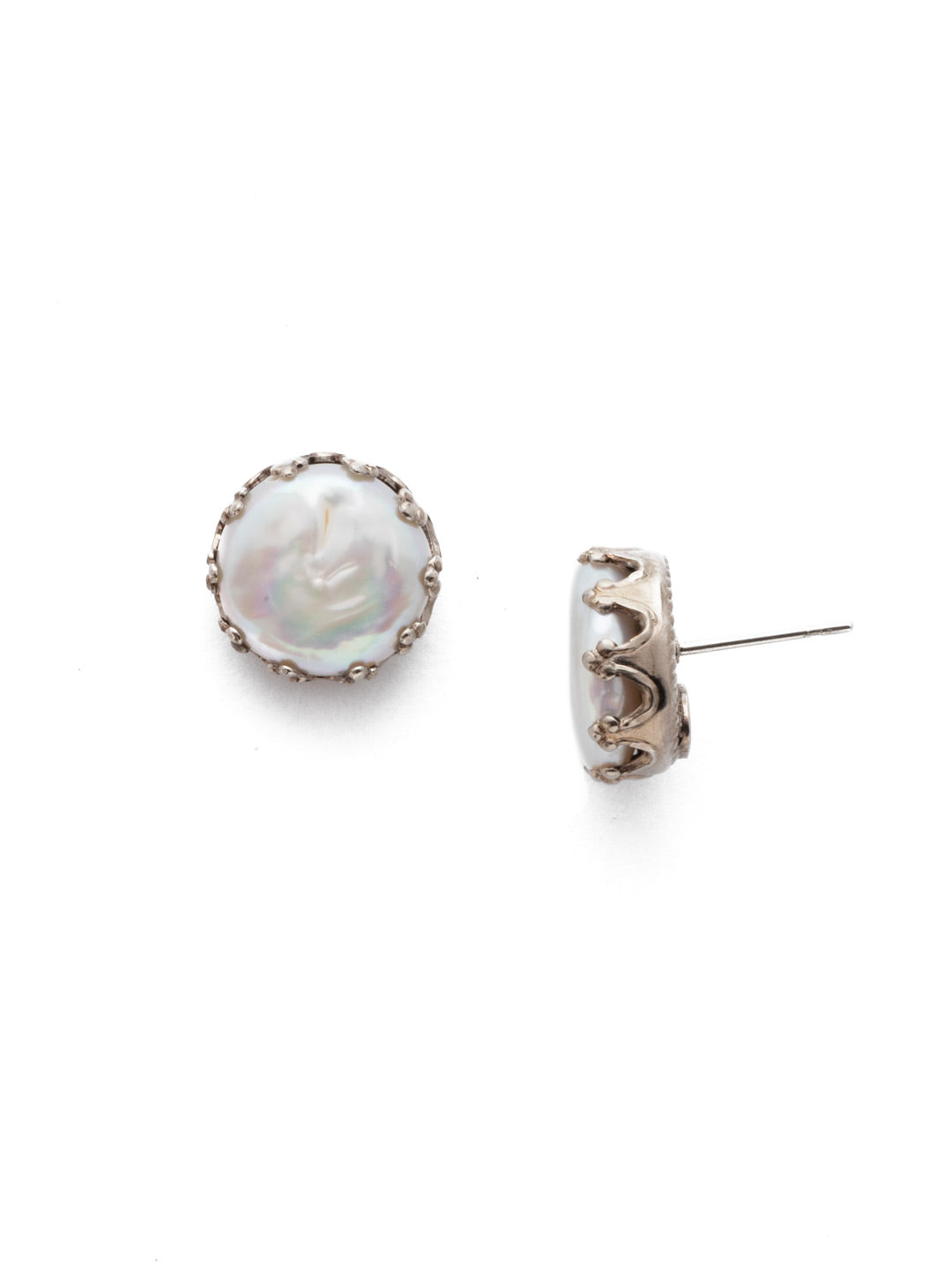 Isabella Stud Earrings - EEC15ASPLP - <p>Cute as a button! These post earrings feature a circular button pearl inside a decorative metal setting. From Sorrelli's Polished Pearl collection in our Antique Silver-tone finish.</p>