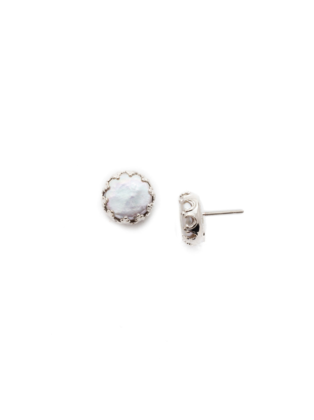 Isabella Stud Earrings - EEC15RHPLP - Cute as a button! These post earrings feature a circular button pearl inside a decorative metal setting. From Sorrelli's Polished Pearl collection in our Palladium Silver-tone finish.