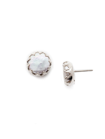 Isabella Stud Earrings - EEC15RHTHT - <p>Cute as a button! These post earrings feature a circular button pearl inside a decorative metal setting. From Sorrelli's Tahitian Treat collection in our Palladium Silver-tone finish.</p>