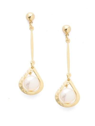 Roseta Dangle Earrings - EEC19BGPLP - <p>A pretty pendulum drop! These earrings feature a hammered metal droplet with a pearl at its center, hung from a delicate metal column. From Sorrelli's Polished Pearl collection in our Bright Gold-tone finish.</p>