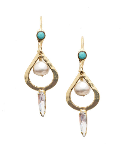 Ninetta French Wire Earring - EEC20BGPLP - <p>A hammered metal element shaped like a droplet is the focal point of these french wire earrings. Accented by a central pearl and elongated pear crystal. From Sorrelli's Polished Pearl collection in our Bright Gold-tone finish.</p>