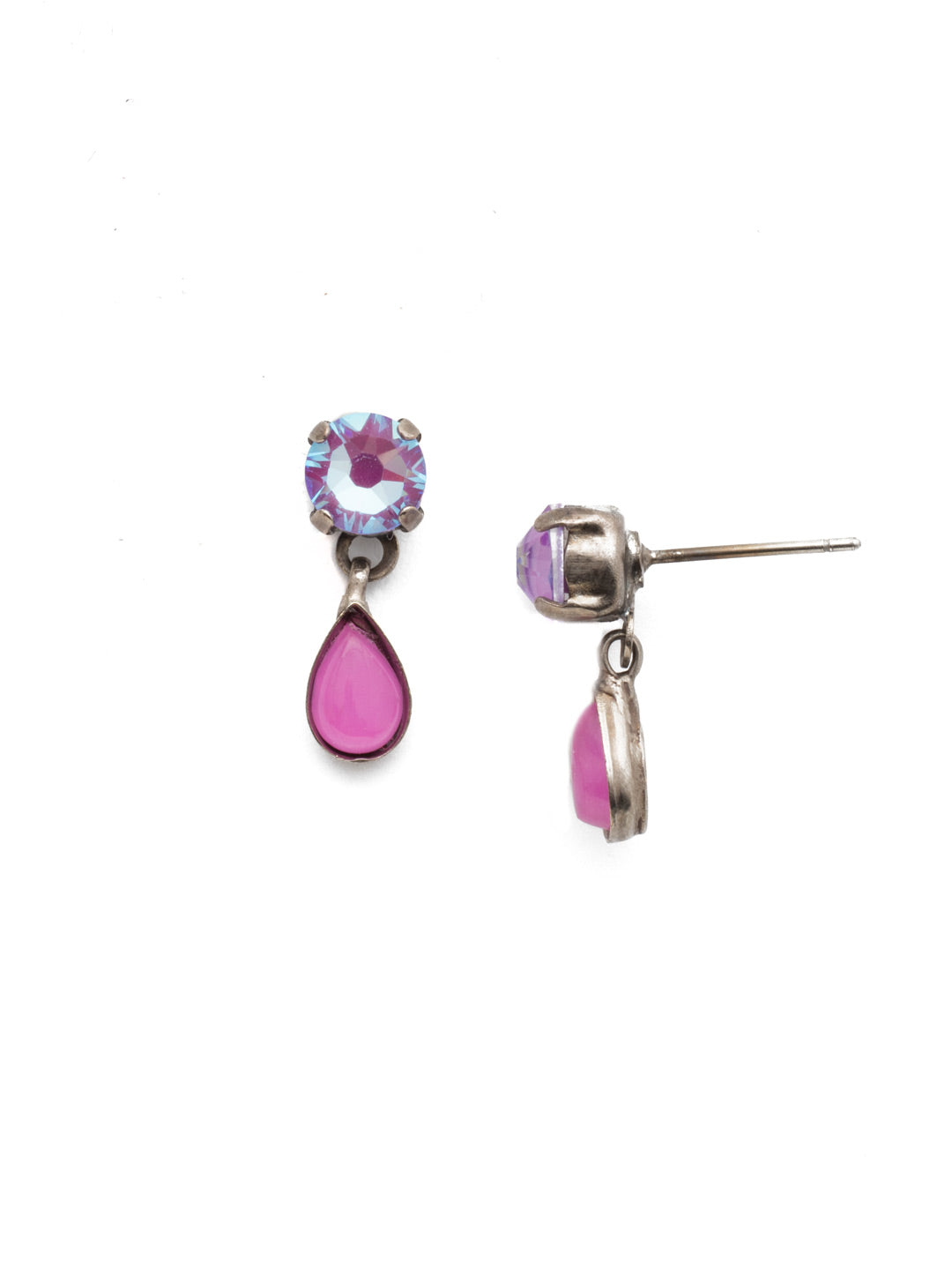 Quincey Dangle Earrings - EET160ASETP - The Quincey Dangle Earrings are simply sophisticated. The signature round crystal posts are taken up a notch when they drip a pear-shaped stone. From Sorrelli's Electric Pink collection in our Antique Silver-tone finish.