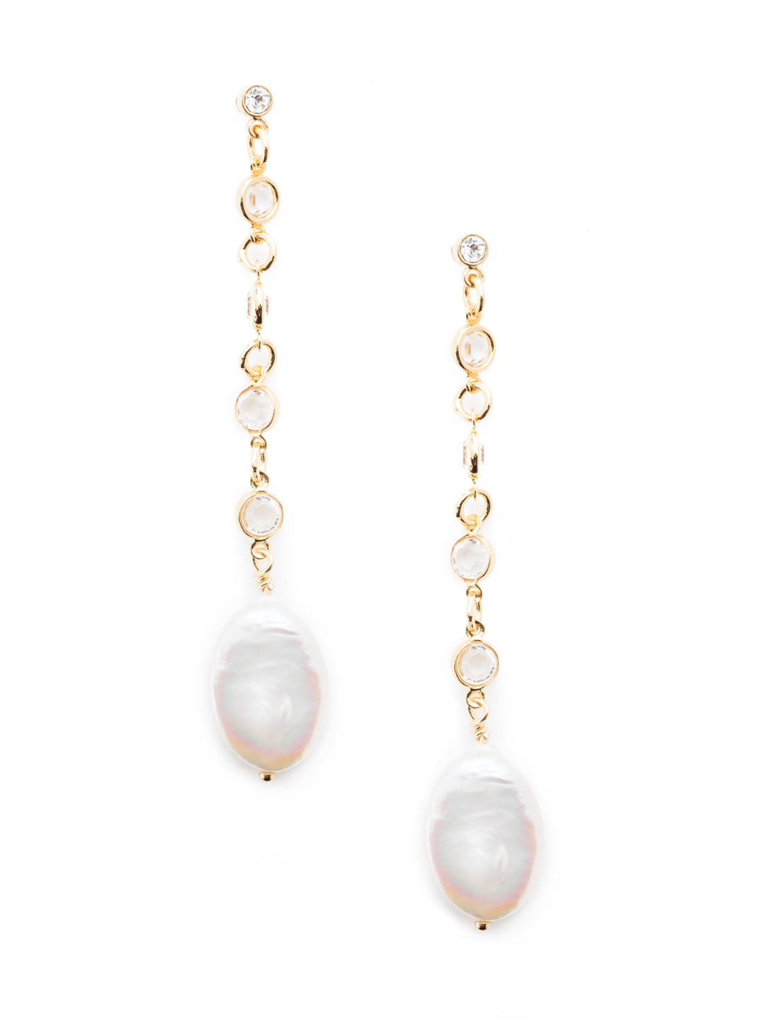 Fernanda Dangle Earrings - EET82BGMDP - <p>A delicate chain with beautiful clear gems that gradually descends a freshwater pearl. These earrings offer a hint of elegance. From Sorrelli's Modern Pearl collection in our Bright Gold-tone finish.</p>