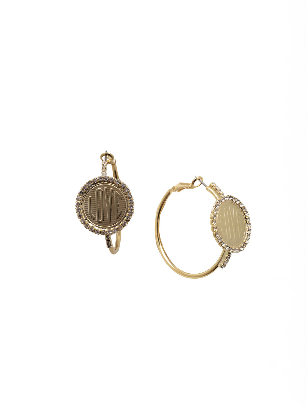 Luvie Hoop Earring - EFA3BGCRY - <p>A love script coin sits prominently at the front of a classic metal hoop. From Sorrelli's Crystal collection in our Bright Gold-tone finish.</p>
