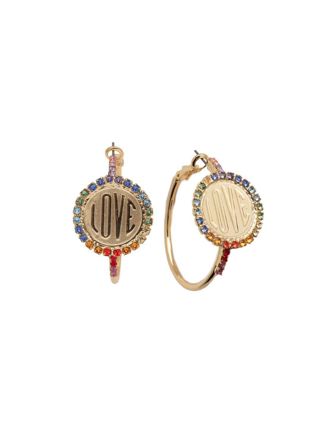 Luvie Hoop Earring - EFA3BGPRI - <p>A love script coin sits prominently at the front of a classic metal hoop. From Sorrelli's Prism collection in our Bright Gold-tone finish.</p>