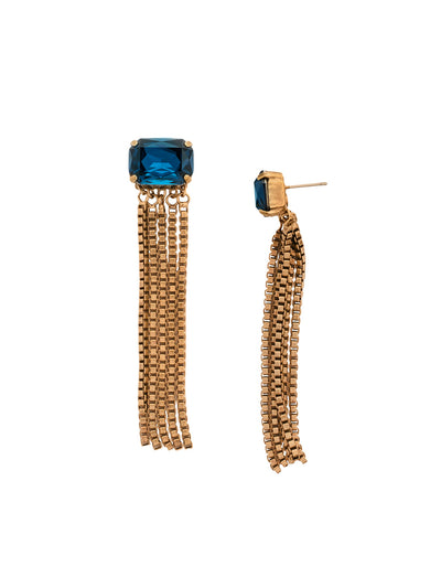 Brynn Statement Earring - EFC2AGVBN - <p>The Brynn Statement Earrings features layers of box chains dangling from a single emerald cut crystal. From Sorrelli's Venice Blue collection in our Antique Gold-tone finish.</p>