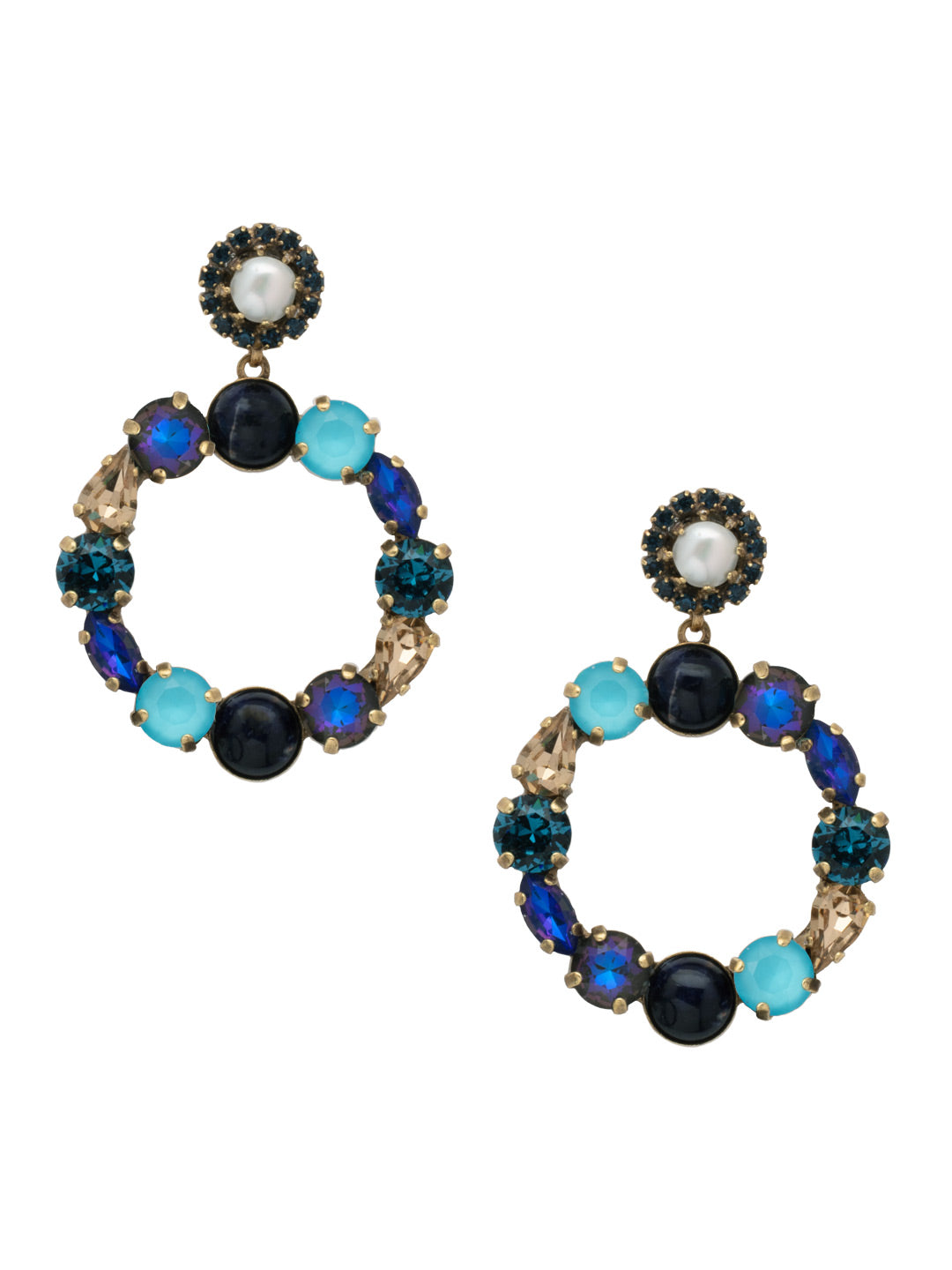 Shoshanna Dangle Statement Earring - EFC33AGVBN - <p>The Shoshanna Dangle Statement Earrings feature a dramatic hoop lined with various crystals, hanging from a freshwater pearl surrounded by a halo of crystals. From Sorrelli's Venice Blue collection in our Antique Gold-tone finish.</p>