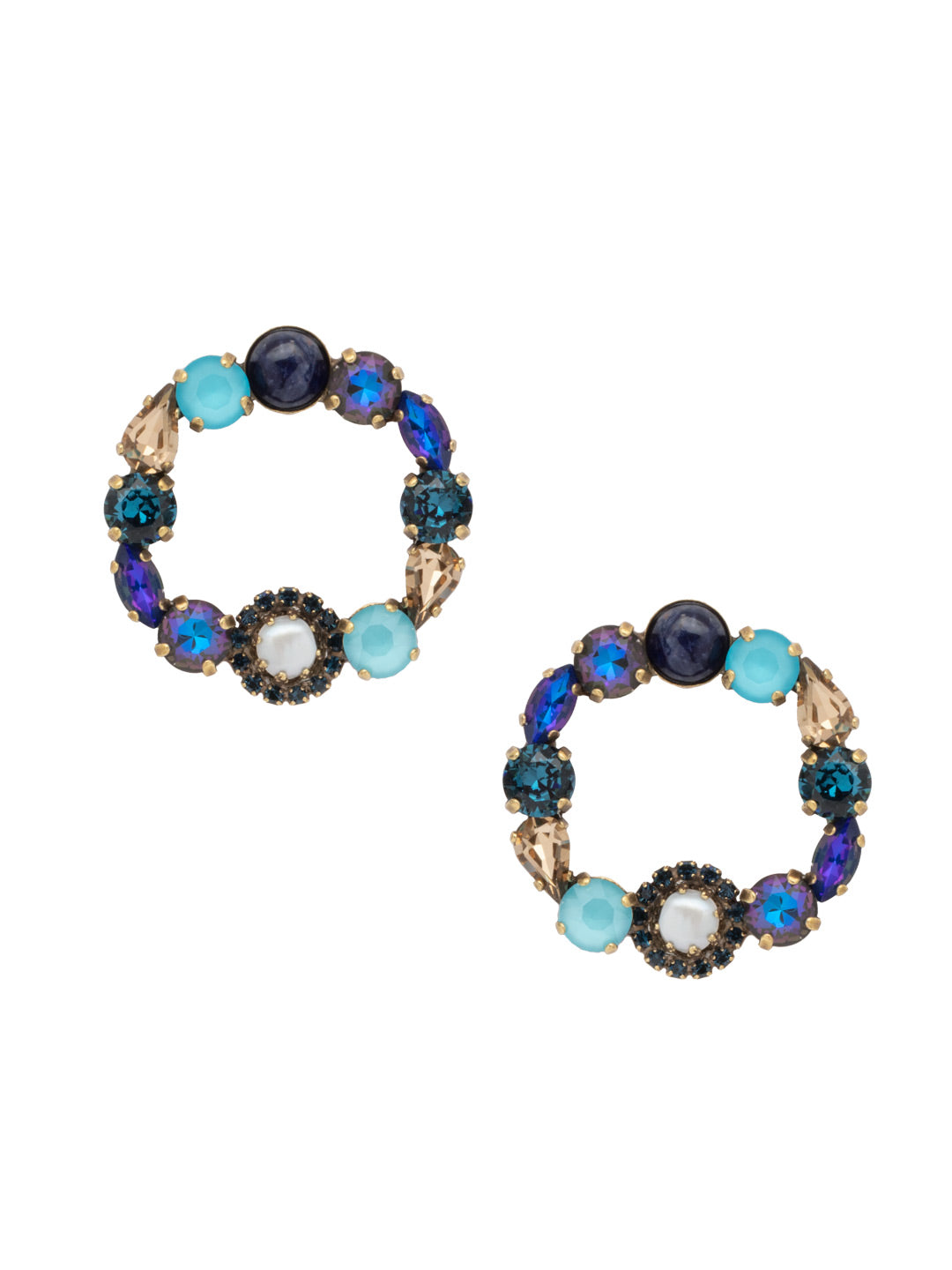 Shoshanna Statement Earring - EFC34AGVBN - <p>The Shoshanna Statement Earrings feature a dramatic hoop lined with various crystals and a halo set freshwater pearl. From Sorrelli's Venice Blue collection in our Antique Gold-tone finish.</p>