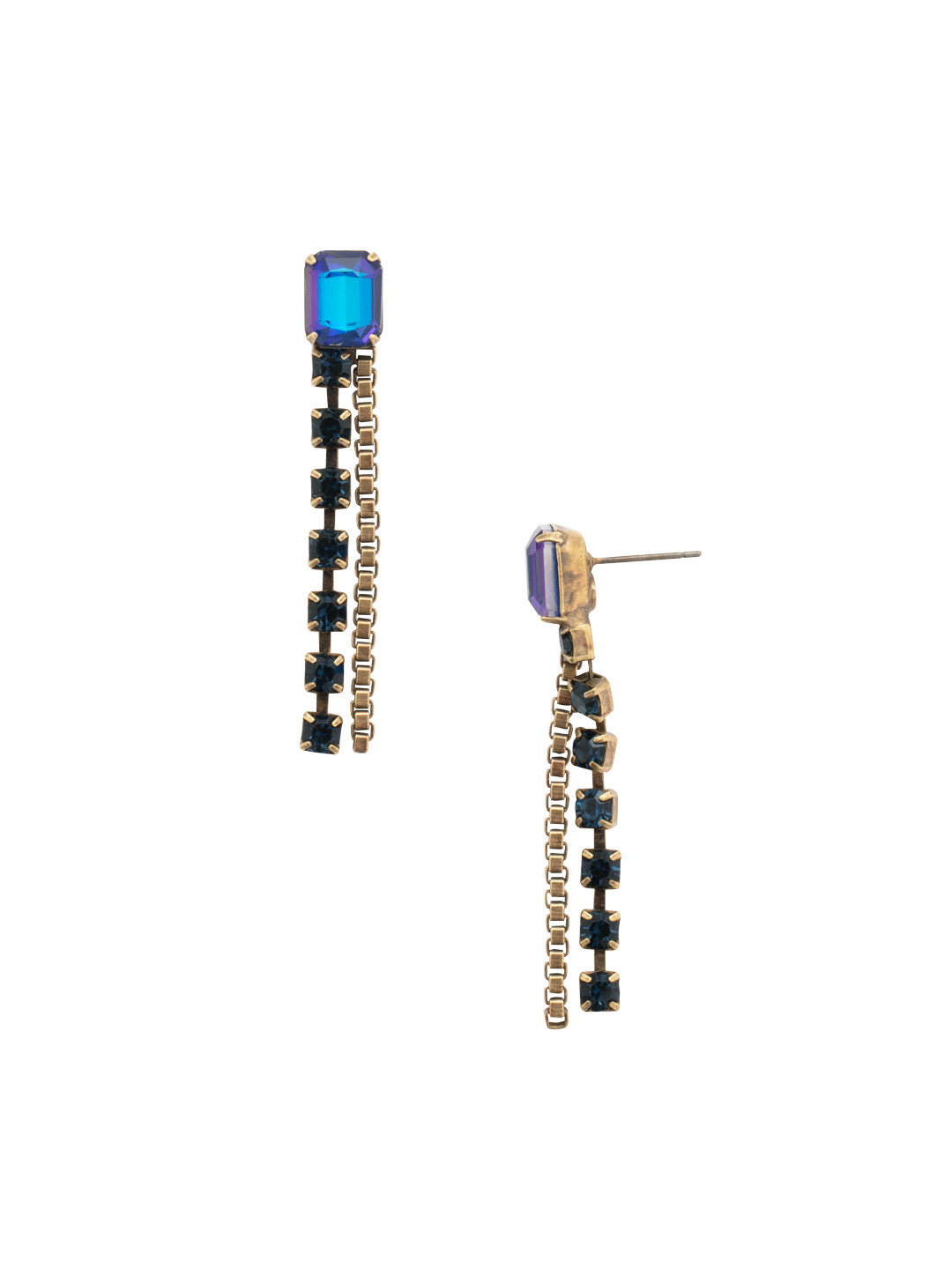 Miriam Double Dangle Earring - EFC45AGVBN - <p>The Miriam Double Dangle Earrings feature a crystal studded chain and a box chain dangling from an emerald cut crystal. From Sorrelli's Venice Blue collection in our Antique Gold-tone finish.</p>