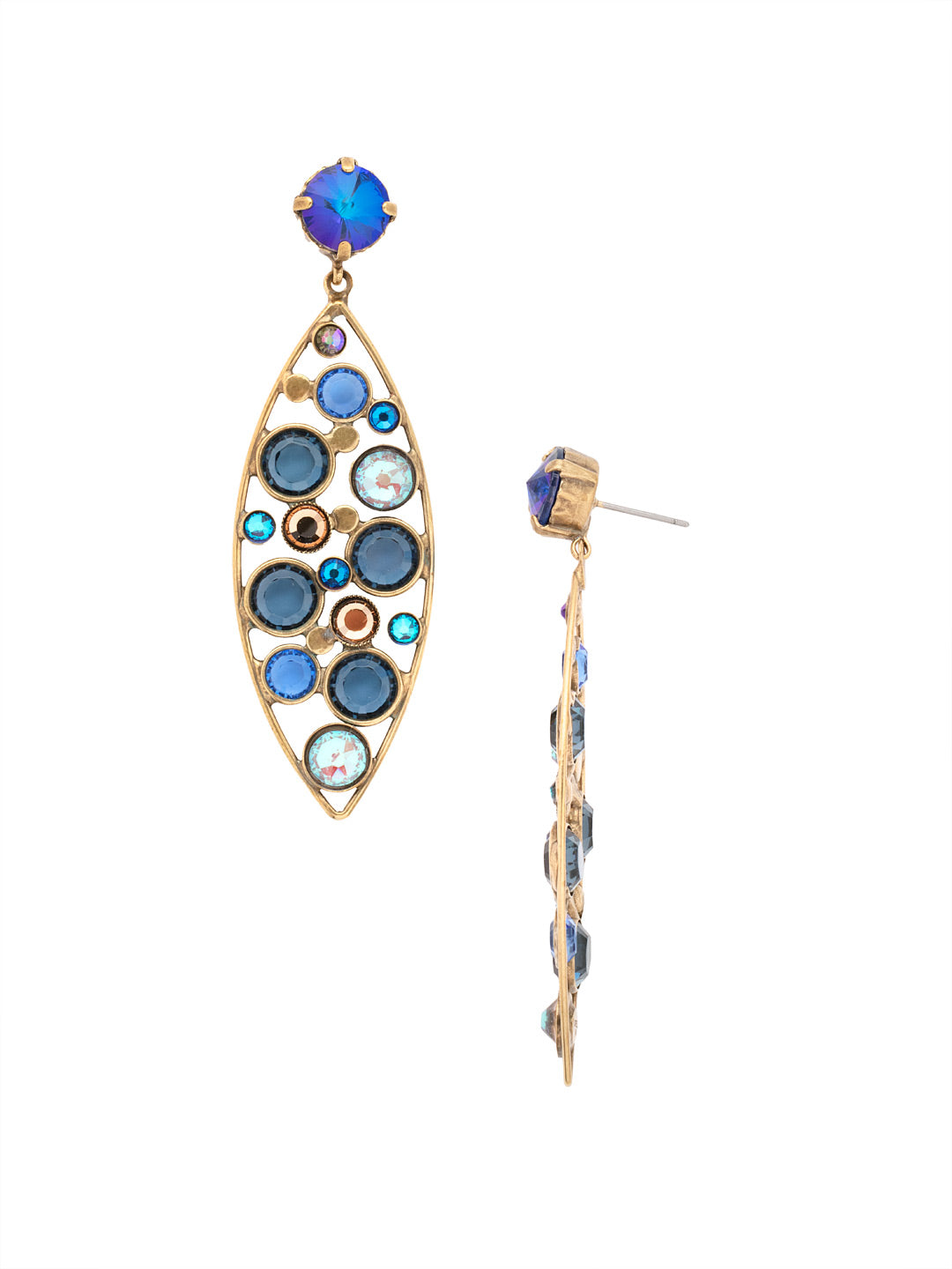 Charlene Statement Earring - EFC53AGVBN - <p>The Charlene Statement Earrings feature delicate crystal channels nestled in an oblong metal hoop, dangling from a round cut crystal stud. From Sorrelli's Venice Blue collection in our Antique Gold-tone finish.</p>