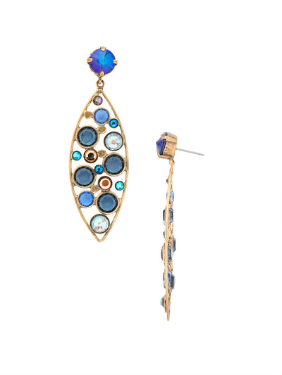 Charlene Statement Earring - EFC53AGVBN - <p>The Charlene Statement Earrings feature delicate crystal channels nestled in an oblong metal hoop, dangling from a round cut crystal stud. From Sorrelli's Venice Blue collection in our Antique Gold-tone finish.</p>