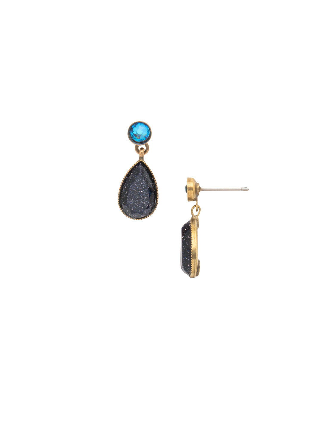 Elaina Dangle Earring - EFC71AGVBN - <p>The Elaina Dangle Earrings feature a small round halo cut crystal on a post, with a large pear cut semi-precious stone dangling below. From Sorrelli's Venice Blue collection in our Antique Gold-tone finish.</p>