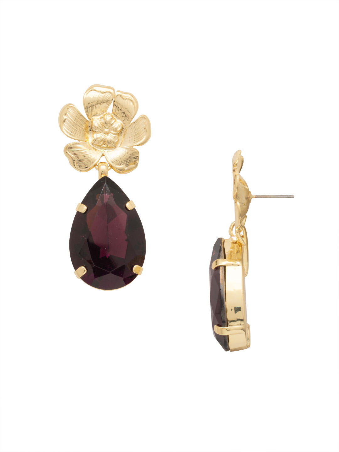 Fleur Statement Earrings - EFL11BGMRL - <p>The Fleur Statement Earrings feature a large pear-cut crystal dangling from a flower metal charm on a post. From Sorrelli's Merlot collection in our Bright Gold-tone finish.</p>